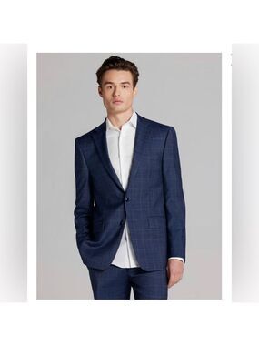 Calvin Klein Slim Fit Wool Windowpane Navy Suit Blazer Jacket Sport Coat 36S